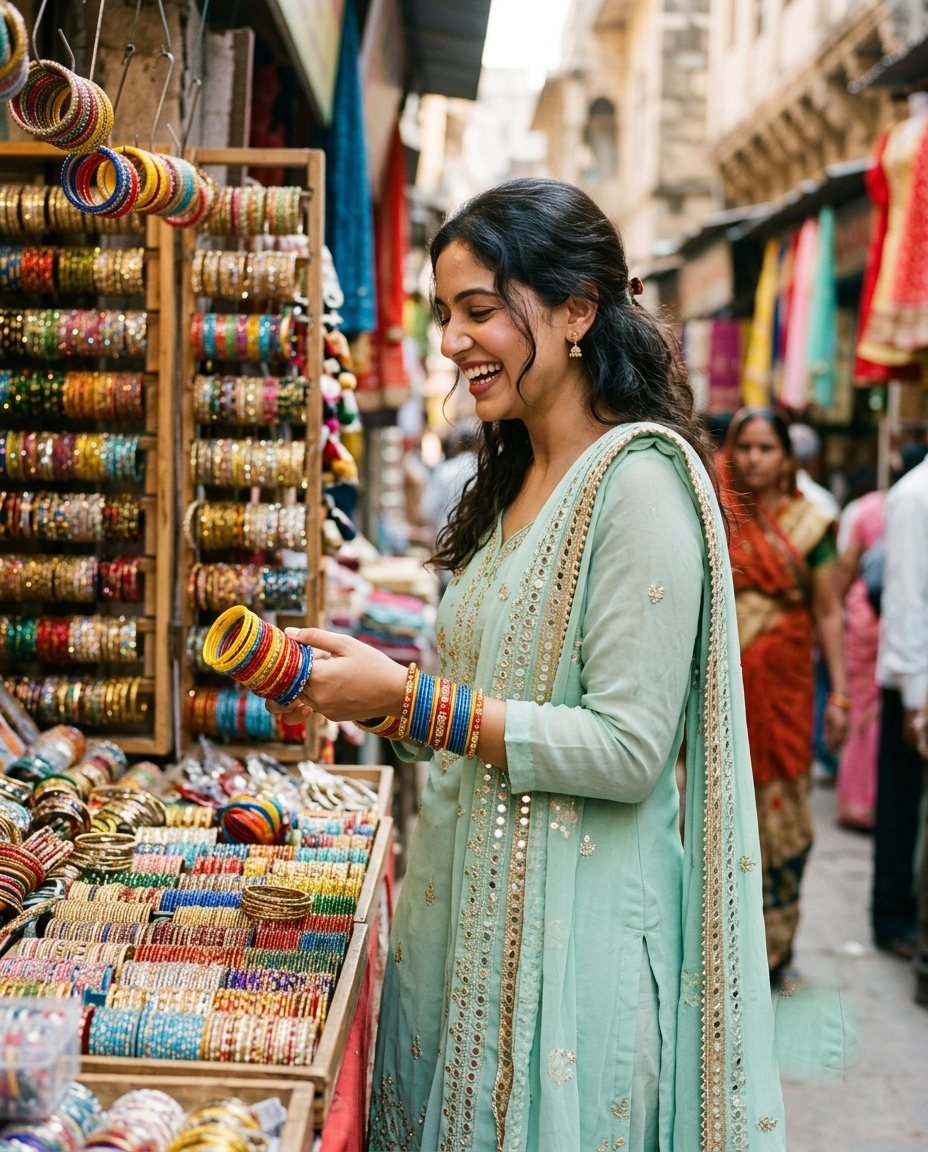 Woman in a mint georgette suit with a mirror-work dupatta at a colourful bangle stall