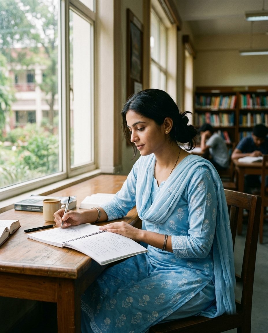 Woman in a sky blue printed cotton suit reading by a window in a college library