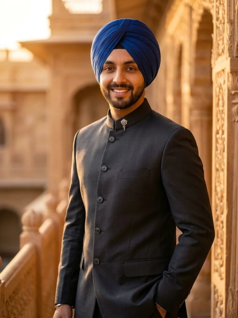 Sikh turban Gemini AI prompt preview with royal blue silk turban, heritage balcony, and bandhgala suit