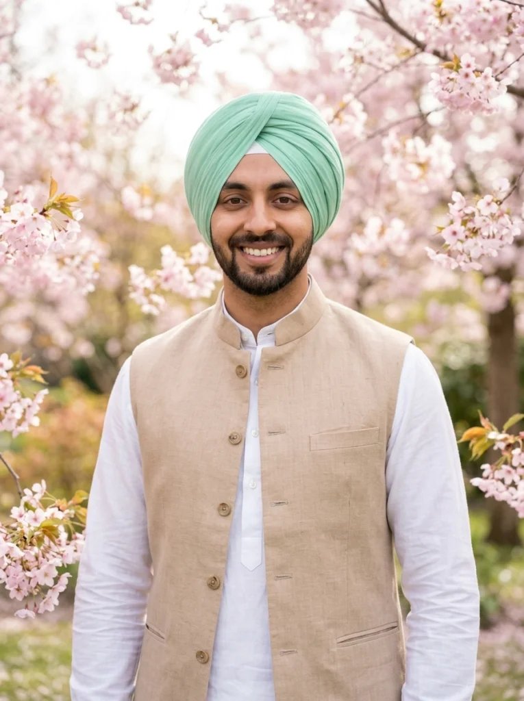 Sikh turban Gemini AI prompt preview with mint green turban, cherry blossom garden, and light Nehru jacket
