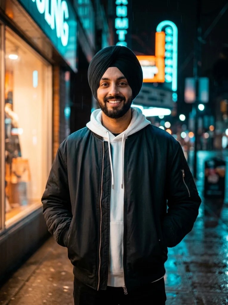 Sikh turban Gemini AI prompt preview with black Dastaar, rainy city street, neon signs, and bomber jacket