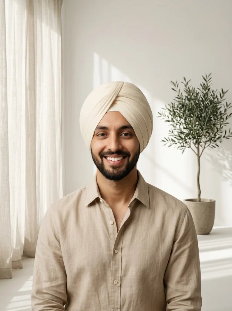 Sikh turban Gemini AI prompt preview with cream cotton turban, minimalist studio, and beige linen shirt