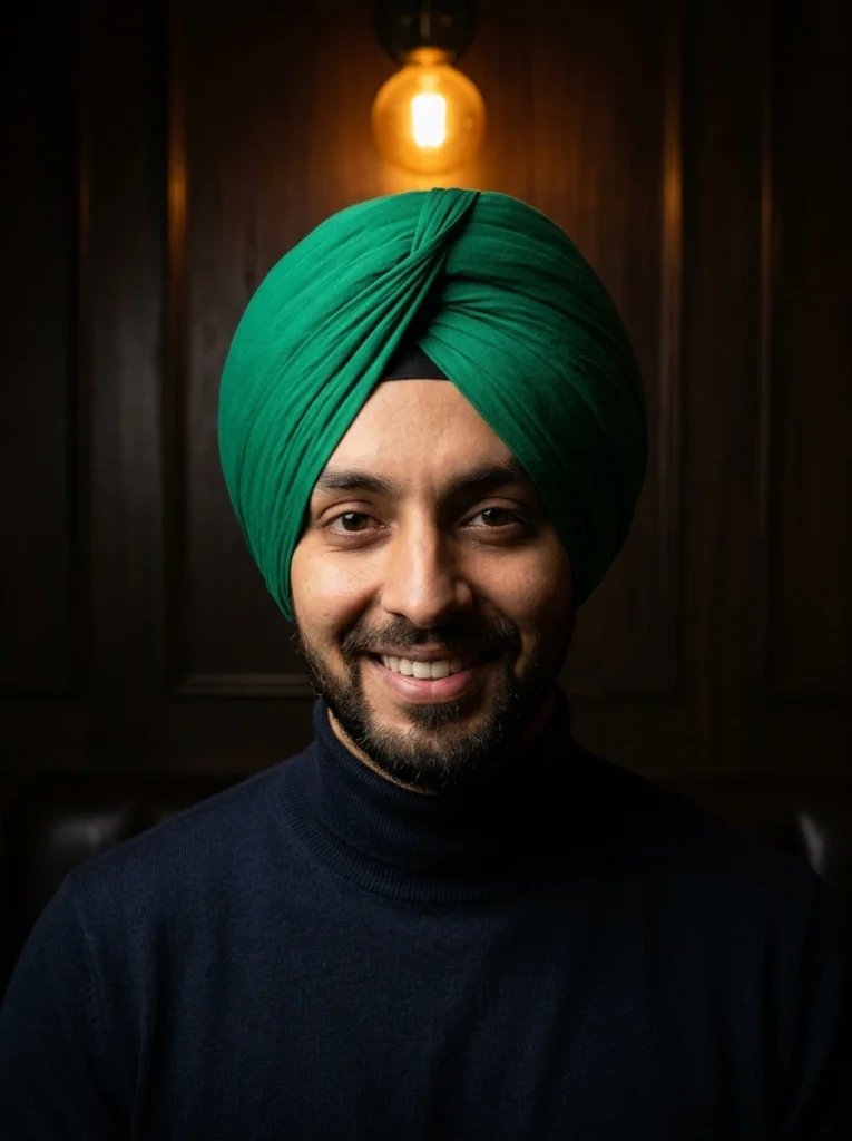 Sikh turban Gemini AI prompt preview with emerald green turban, dark lounge, and warm overhead light