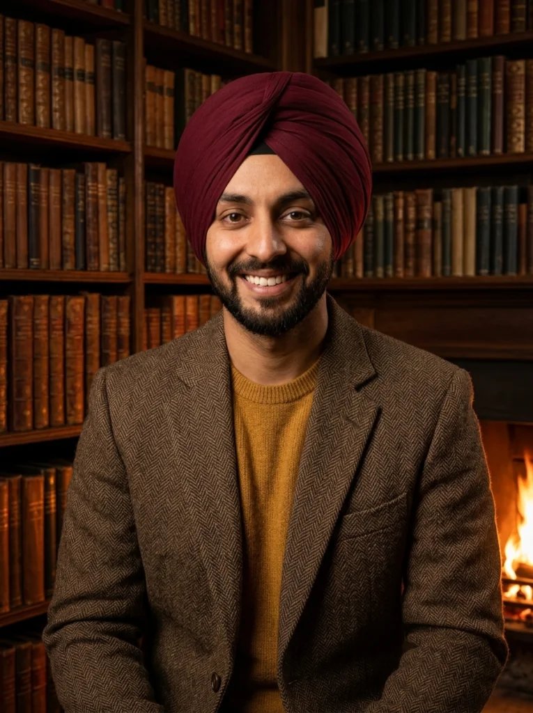 Sikh turban Gemini AI prompt preview with maroon Dumalla turban, old library, tweed blazer, and fireplace light