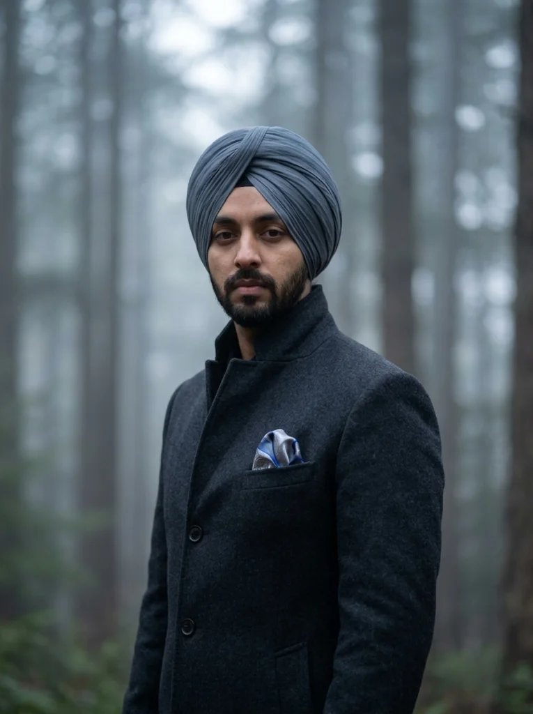 Sikh turban Gemini AI prompt preview with slate grey turban, foggy pine forest, and charcoal overcoat
