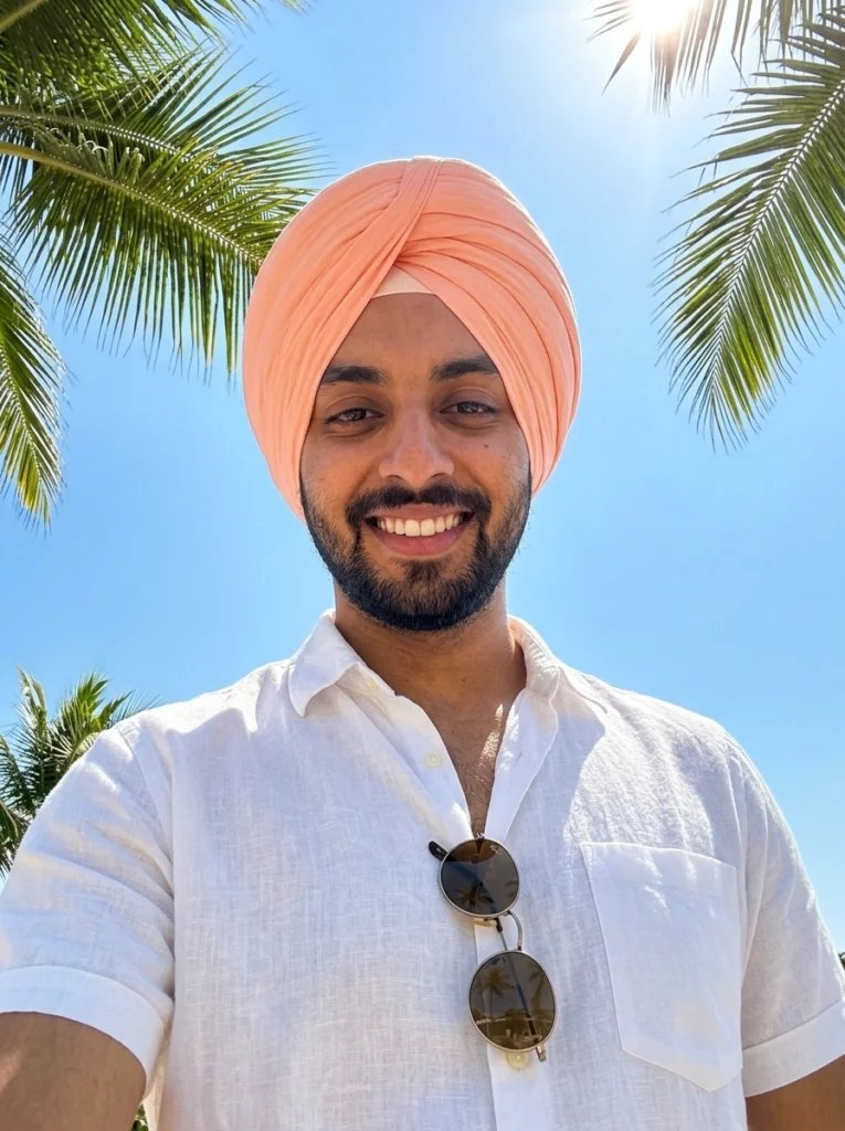 Sikh turban Gemini AI prompt preview with peach cotton turban, palm sky, white linen shirt, and sunny light