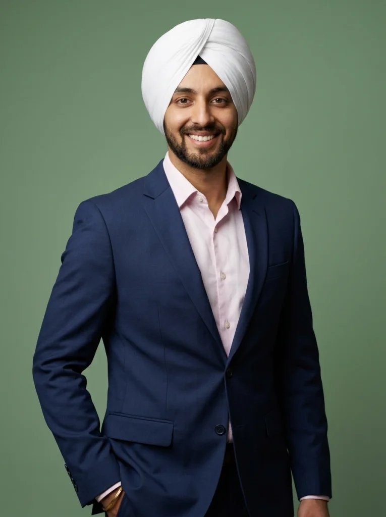 Sikh turban Gemini AI prompt preview with white turban, studio backdrop, navy suit, and professional headshot lighting