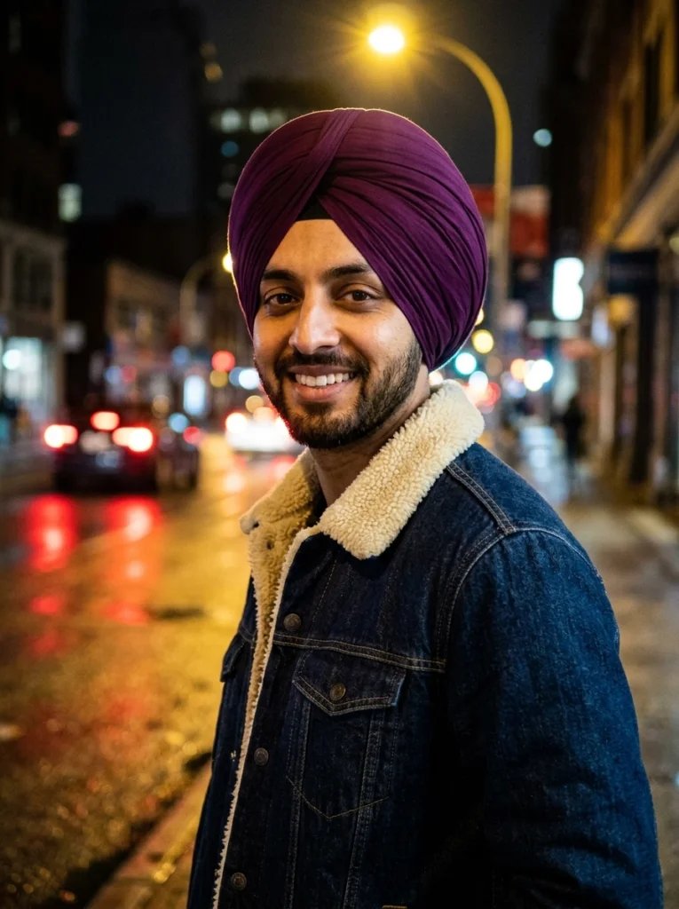 Sikh turban Gemini AI prompt preview with deep purple turban, rainy city street, wet asphalt, and cinematic streetlamp light