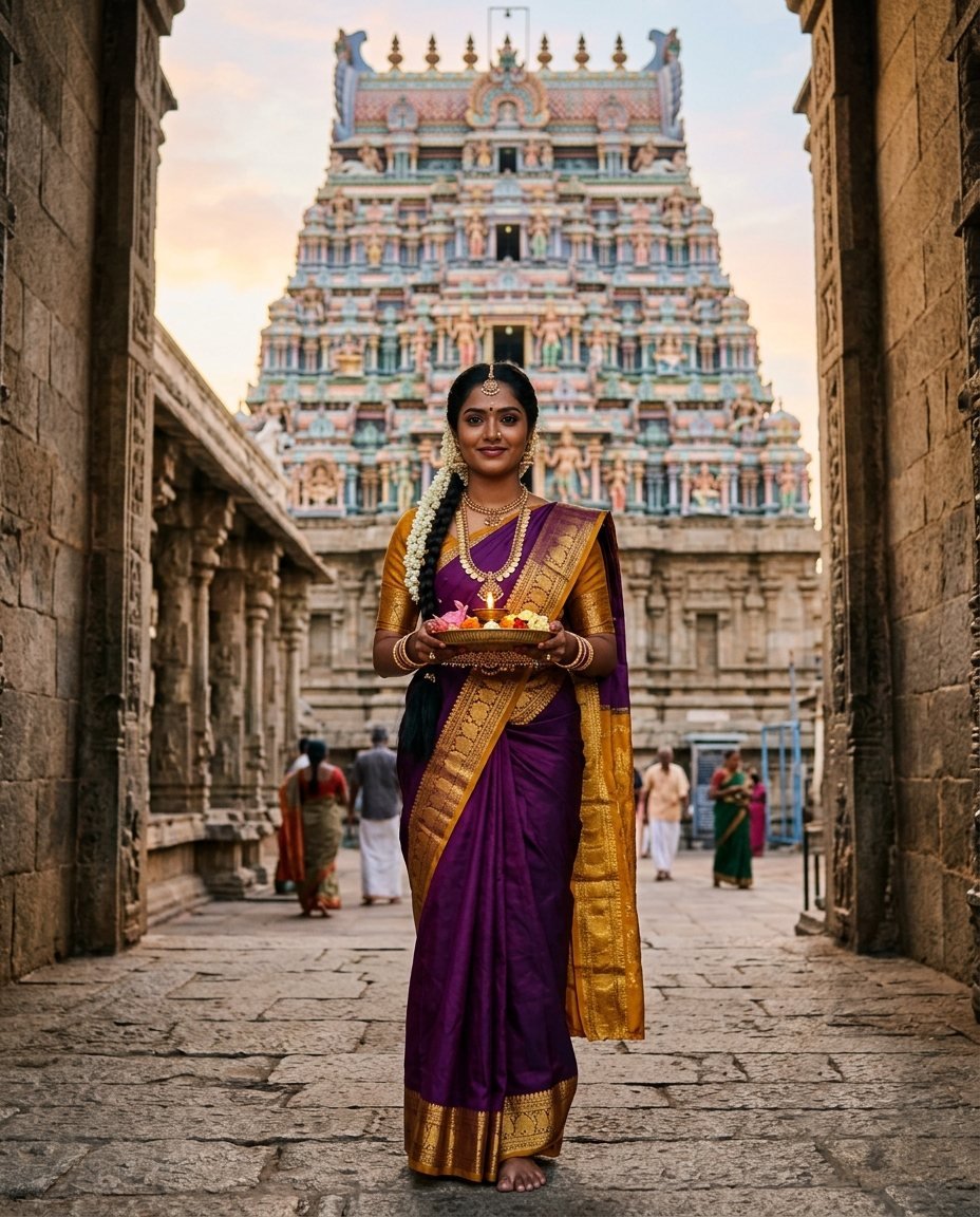 Woman in a purple Kanjivaram silk saree with a gold temple border at a temple entrance with a gopuram behind