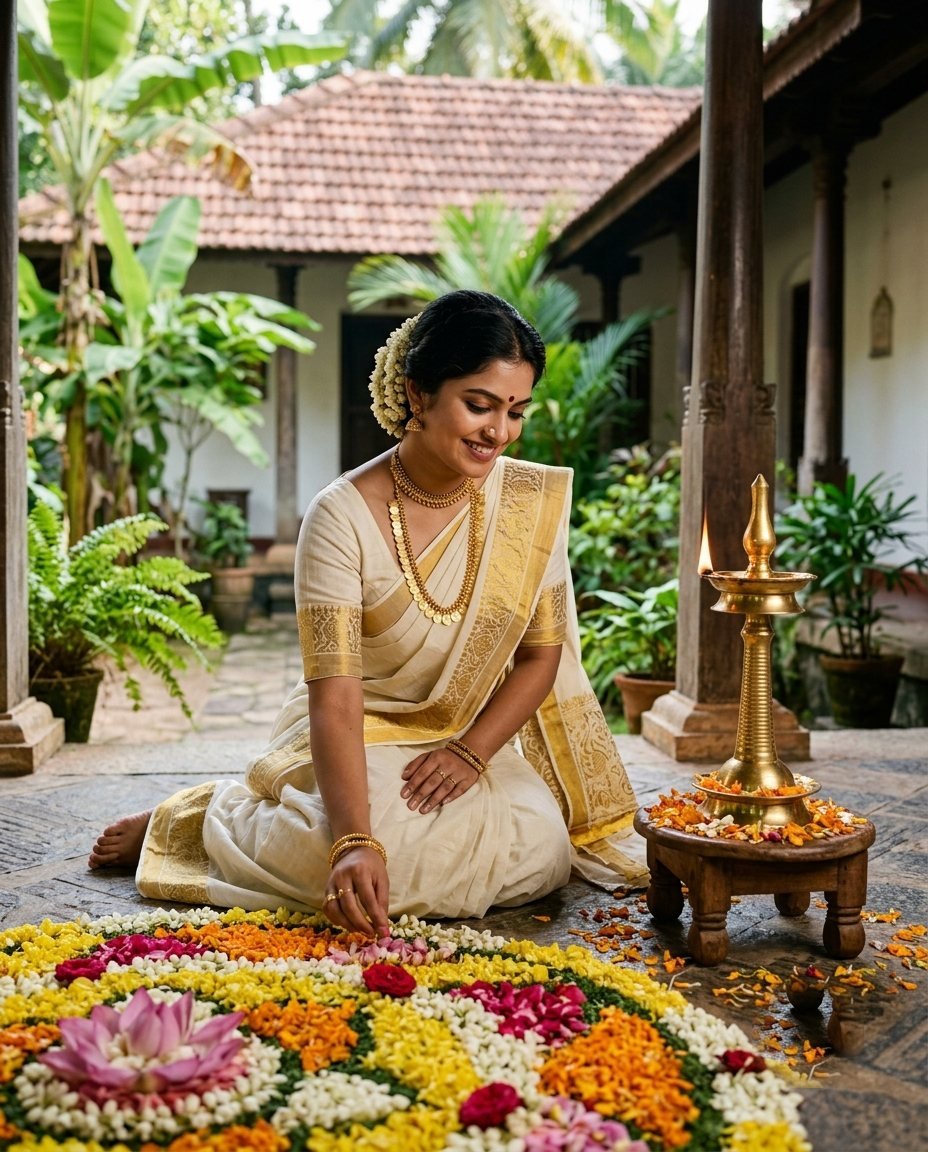 Woman in an off-white kasavu saree with a gold border kneeling beside a flower pookalam on Onam morning