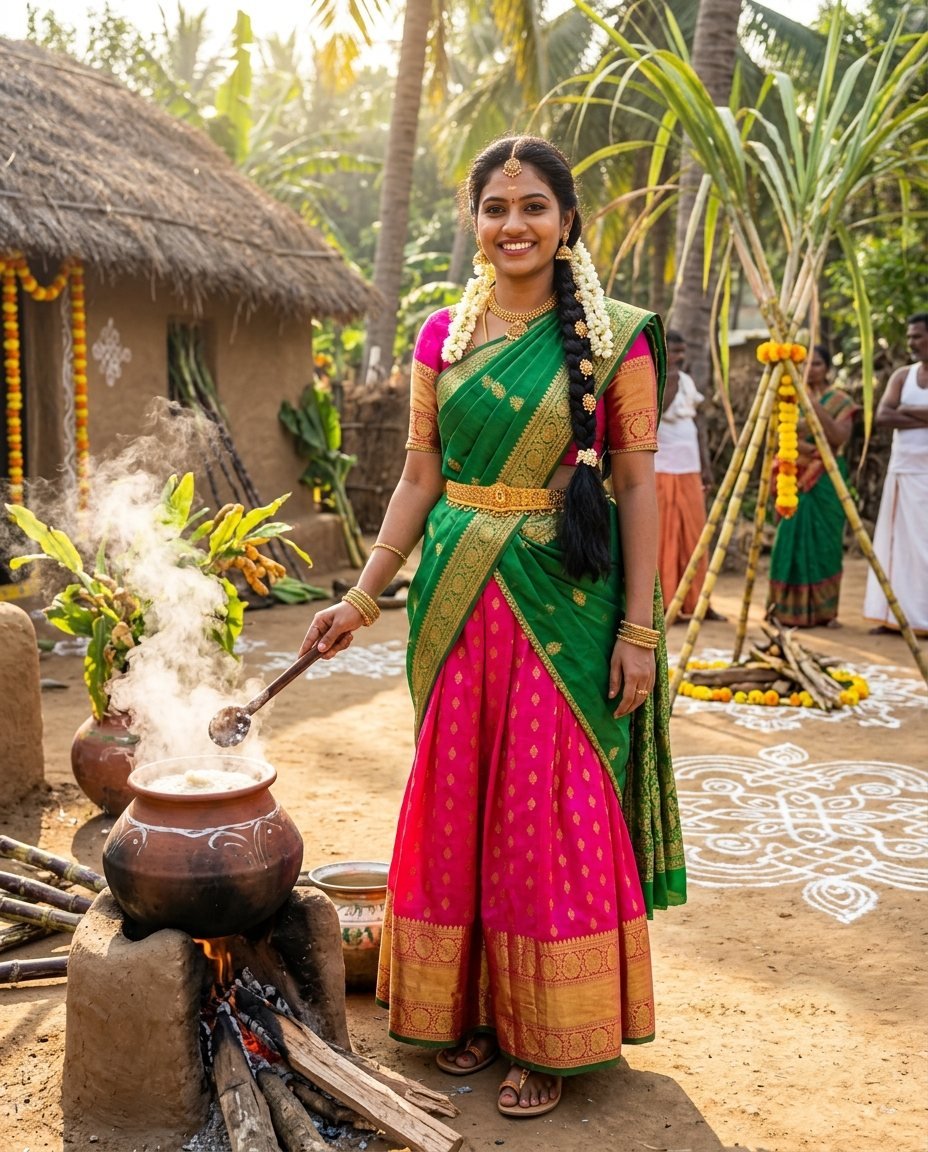 Woman in a rani pink and green silk half saree in front of a boiling pongal pot and a kolam in a village courtyard