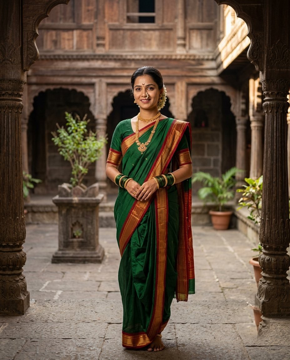 Woman in a green nine-yard nauvari saree with a pearl nath in a Maharashtrian wada courtyard
