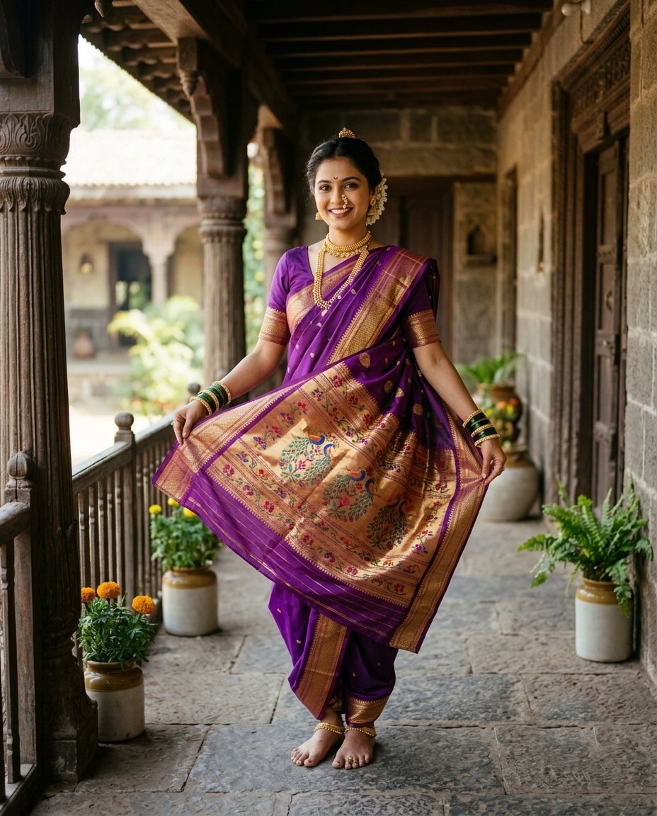Woman holding out the peacock motif pallu of a purple Paithani silk saree on a heritage house veranda