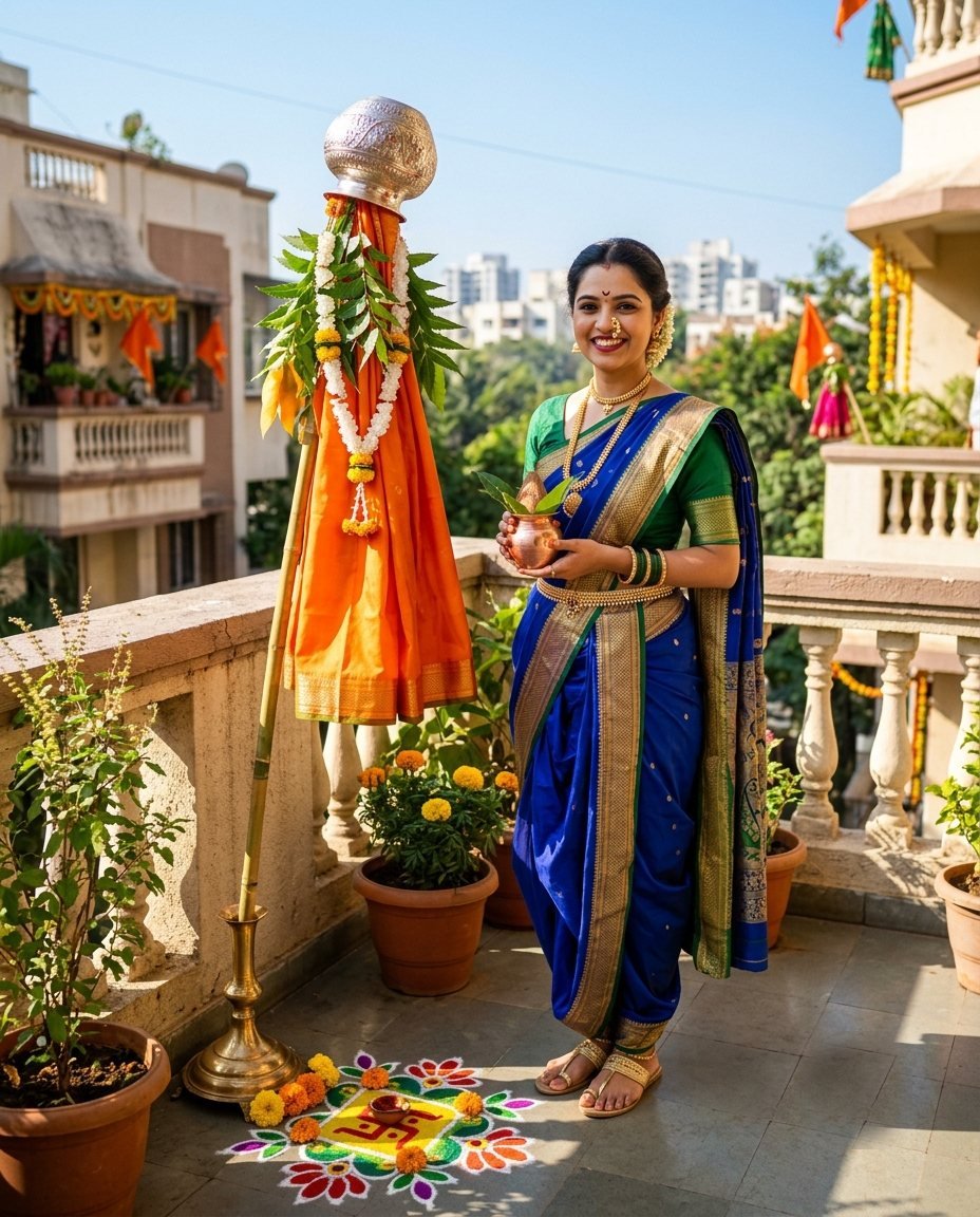 Woman in a royal blue nauvari saree beside a gudi with a silk cloth, neem leaves and an upturned pot on Gudi Padwa