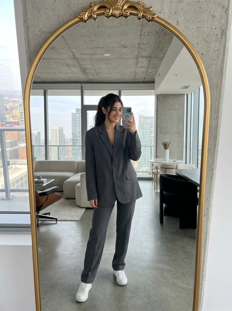 Full body mirror selfie prompt preview with minimalist penthouse loft, arched mirror, and oversized blazer outfit