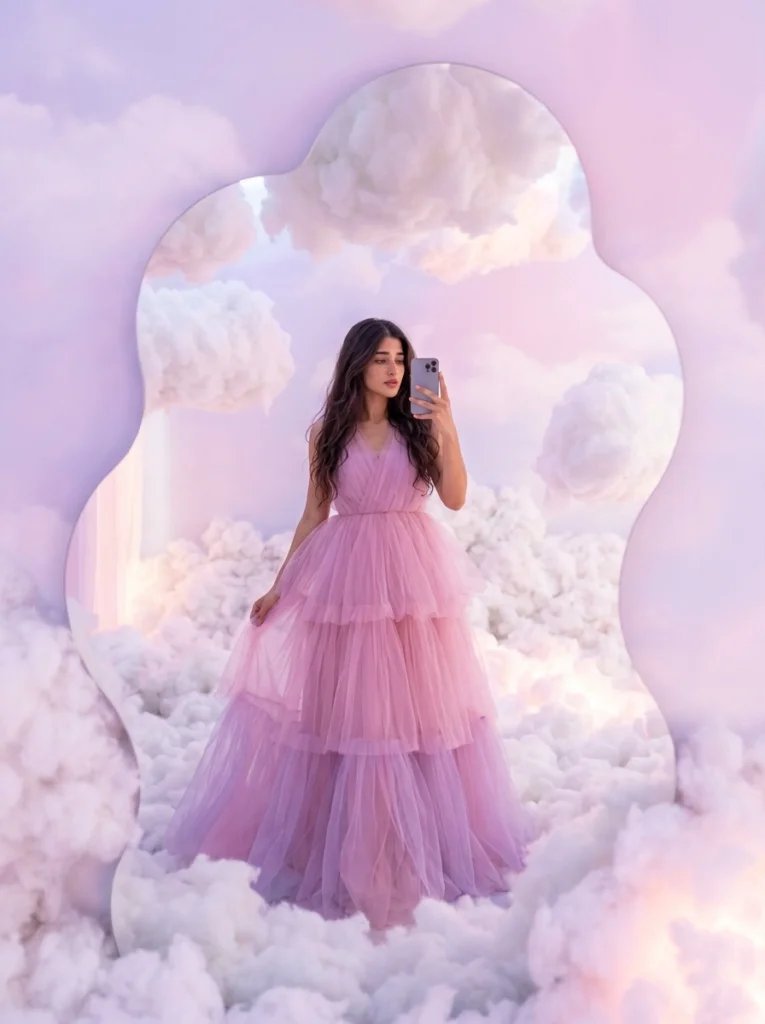 Full body mirror selfie prompt preview with cloud room, pastel pink lavender light, cloud mirror, and tulle dress