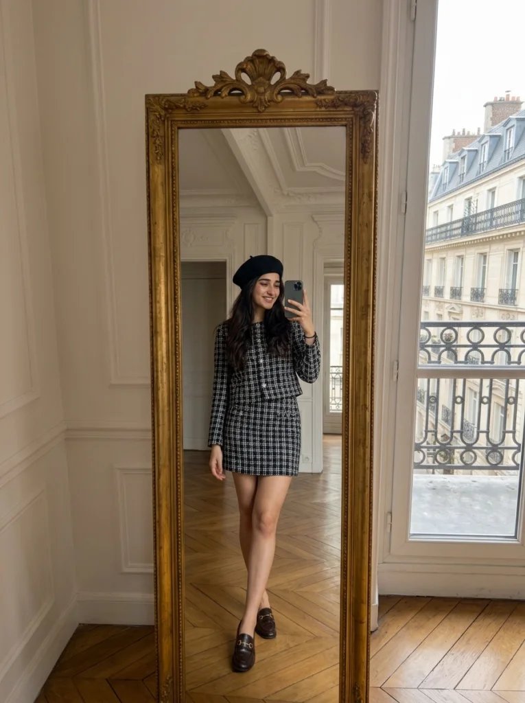 Full body mirror selfie prompt preview with classic apartment balcony, antique mirror, tweed outfit, and soft daylight