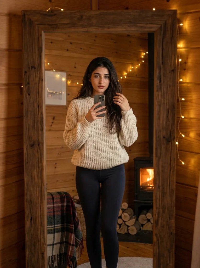 Full body mirror selfie prompt preview with wood cabin, rustic mirror, fireplace glow, and chunky knit sweater