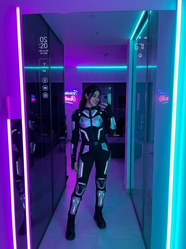 Full body mirror selfie prompt preview with futuristic neon apartment, smart mirror, purple cyan lighting, and techwear outfit