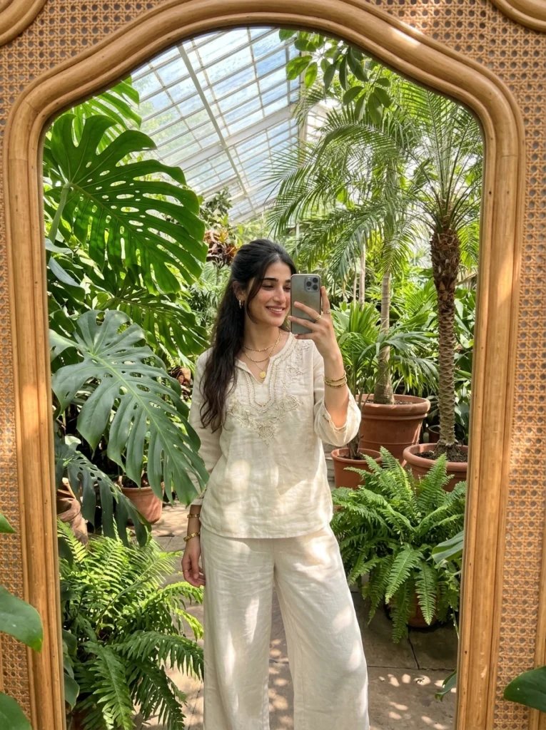 Full body mirror selfie prompt preview with indoor garden, rattan mirror, monstera plants, and bohemian linen outfit