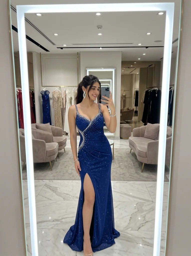 Full body mirror selfie prompt preview with luxury fashion boutique, LED mirror trim, evening gown, and bright studio lighting