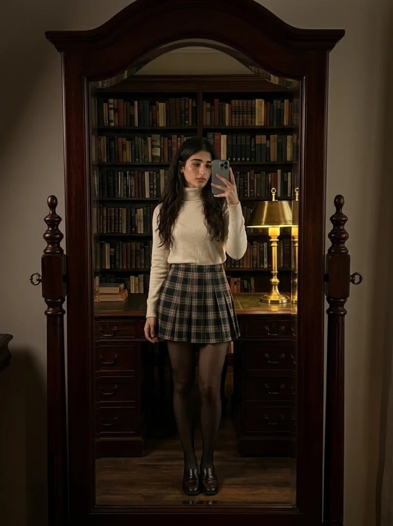 Full body mirror selfie prompt preview with vintage library, mahogany mirror, warm lamp glow, and academic outfit