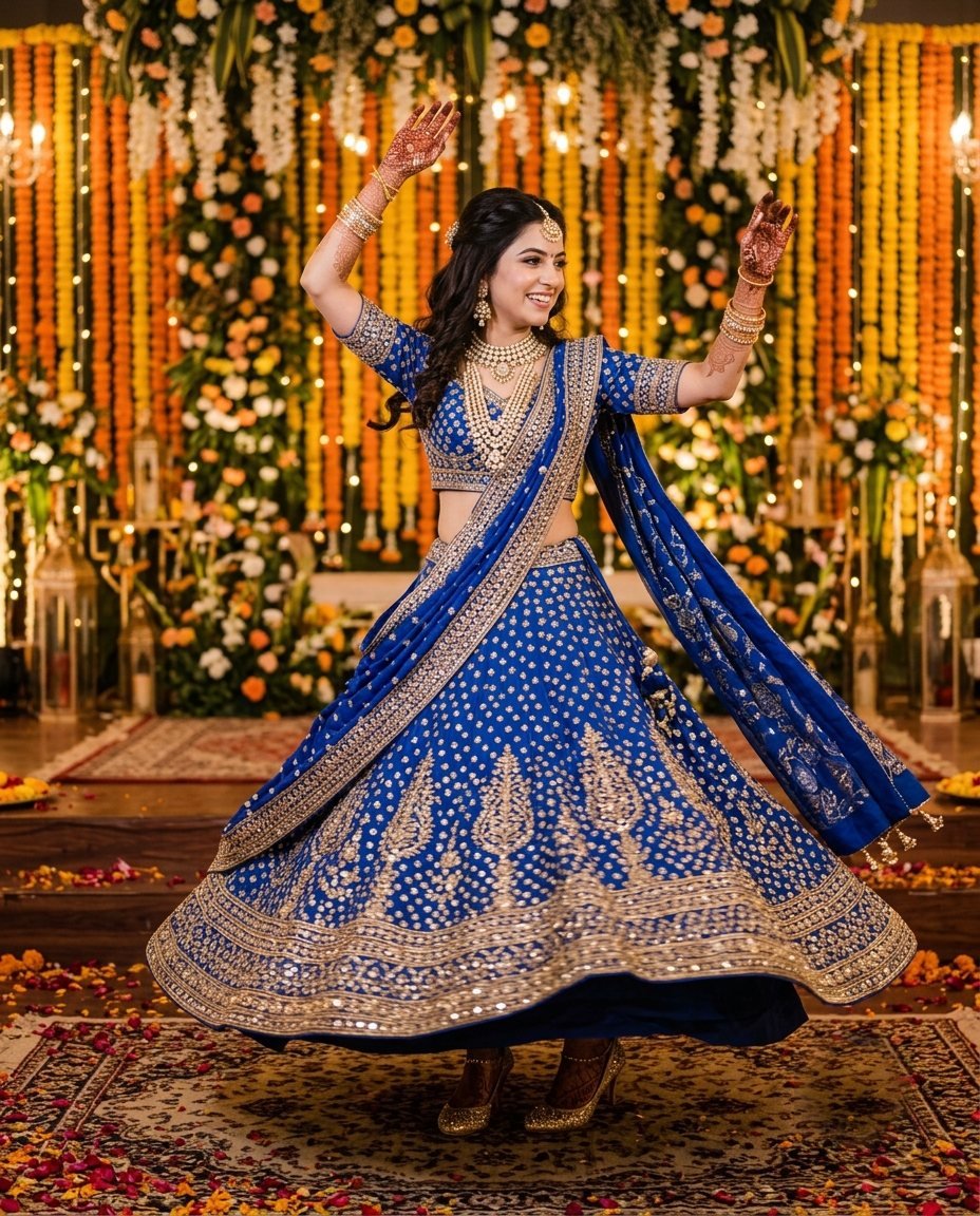 Woman twirling in a royal blue mirror-work lehenga on a flower-decorated sangeet stage