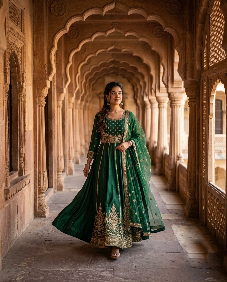 Woman in a bottle-green anarkali walking down a sandstone palace corridor with carved arches