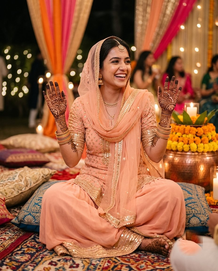 Woman in a peach gota patti sharara showing mehendi hands at a mehendi function with marigolds and fairy lights
