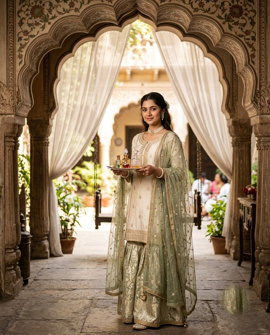 Woman in an ivory kurta and sage green gharara standing in a Hyderabadi haveli courtyard on Eid morning