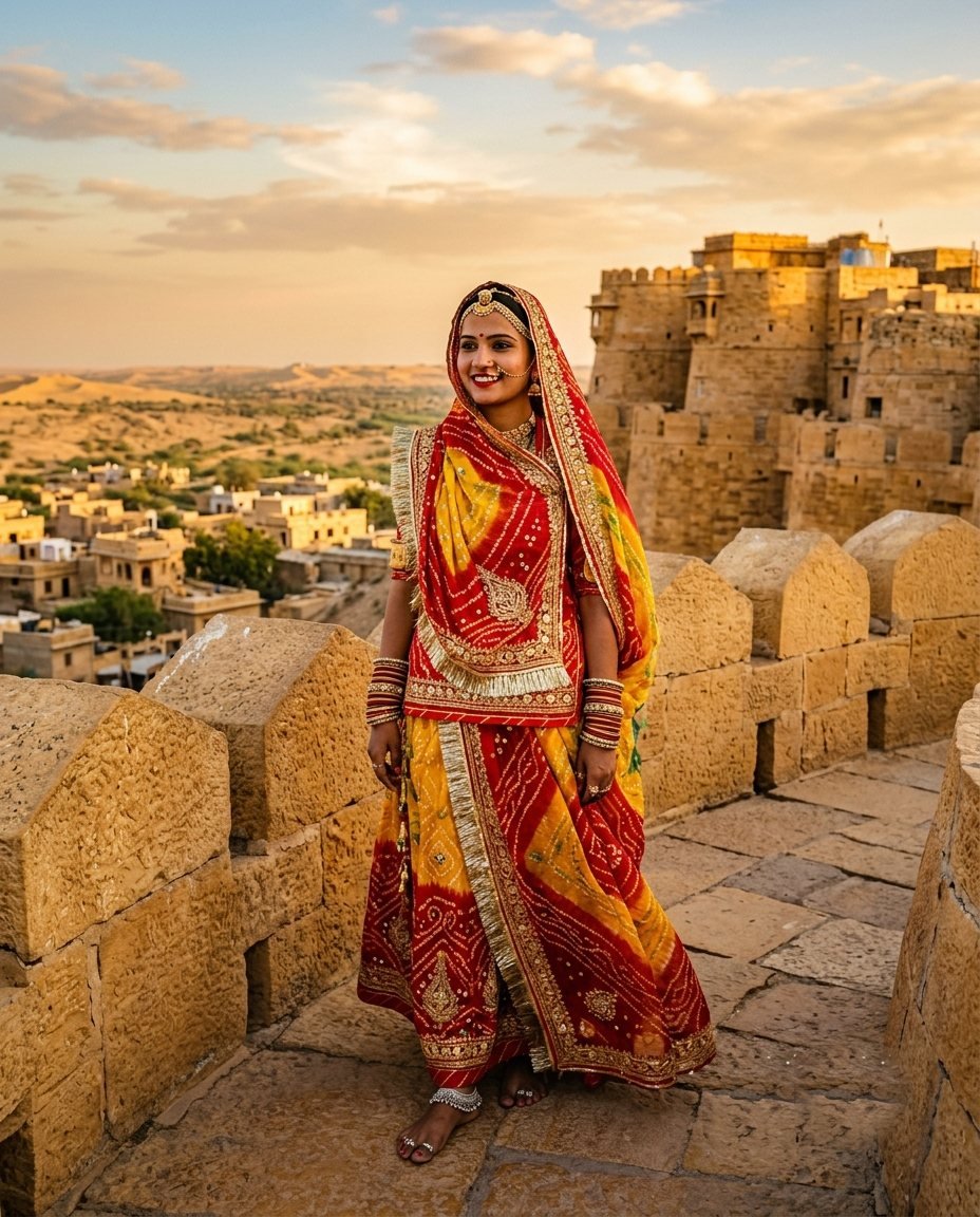 Woman in a red and yellow bandhani poshak on the rampart of a Jaisalmer fort at golden hour