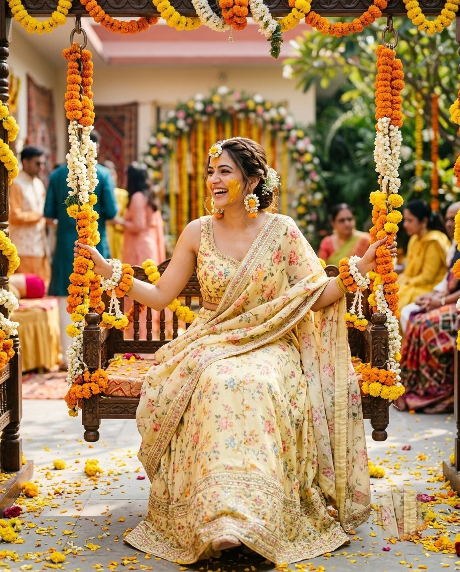Woman in a pastel yellow lehenga on a marigold swing at a haldi ceremony with turmeric on her cheek