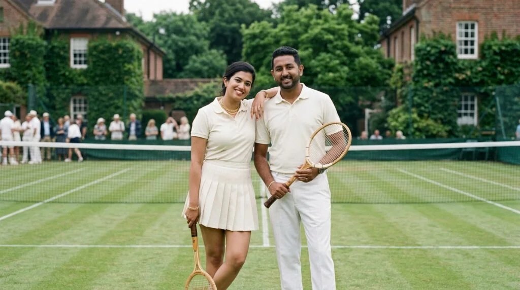 Couple dressed in vintage tennis whites standing together at a classic country tennis club