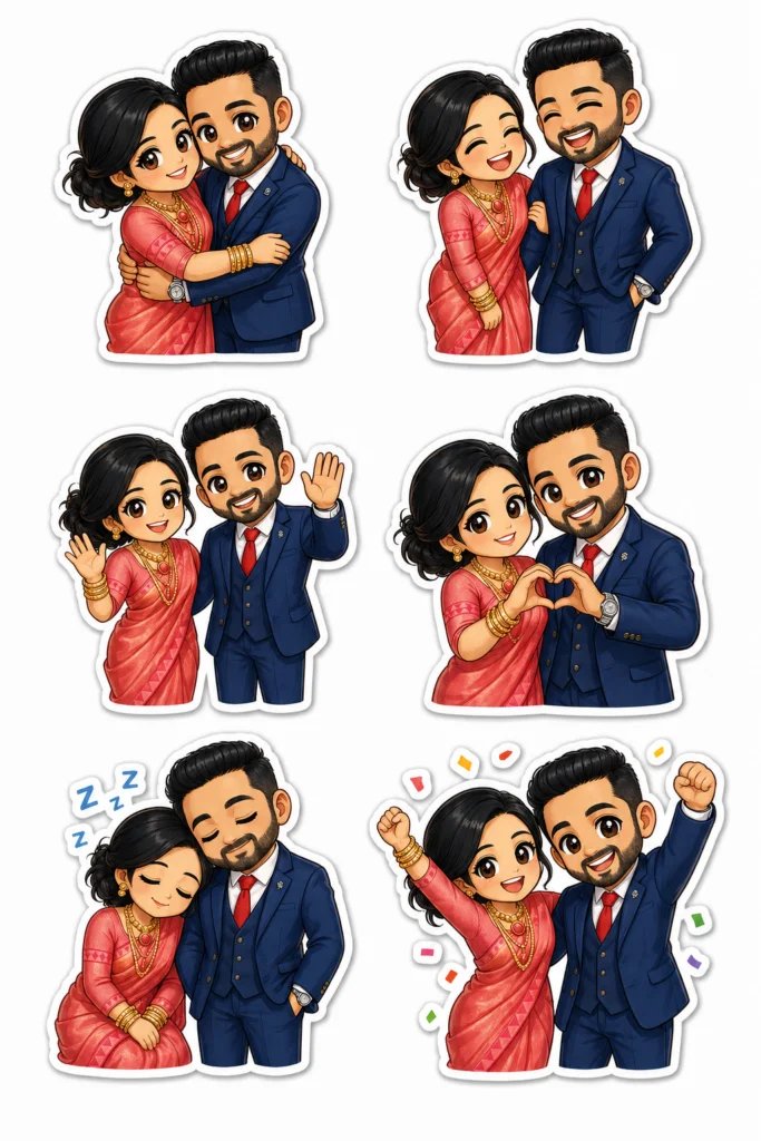 Six-sticker chibi illustration sheet of a couple hugging, laughing, waving and celebrating