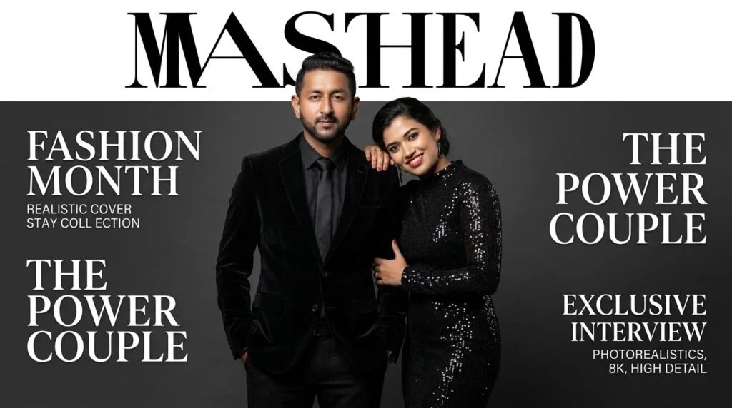 Couple posed together on a high-fashion magazine cover in coordinated all-black outfits