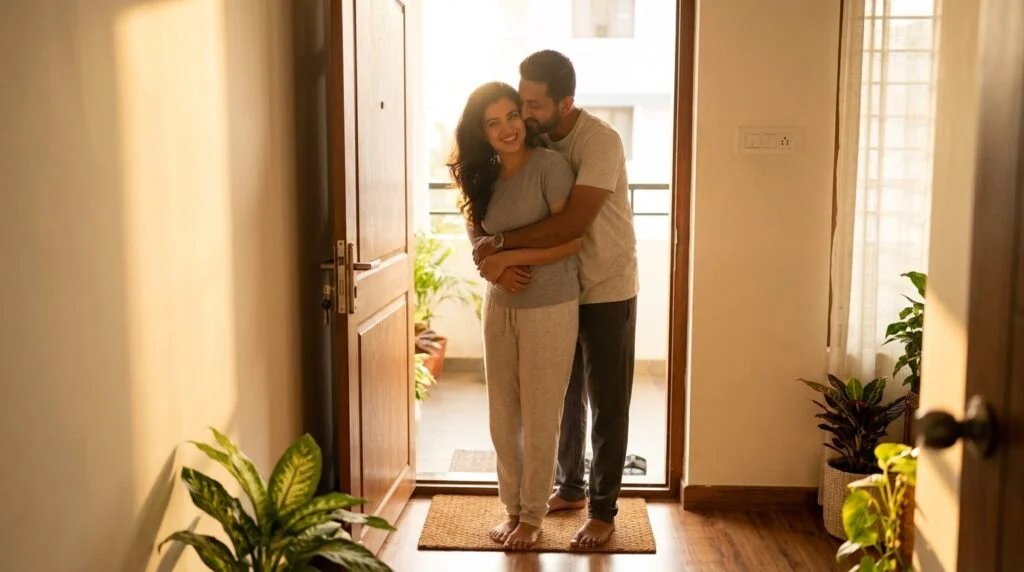 Man hugging woman from behind at a sunlit doorway with morning light streaming in