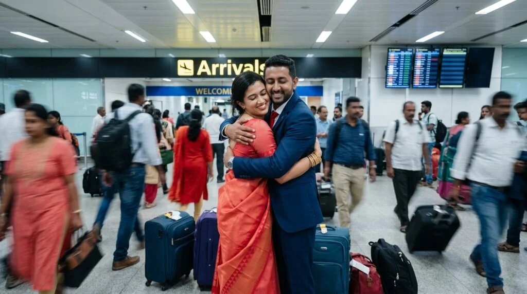 Couple embracing in a hug at an airport arrivals hall with a blurred crowd around them