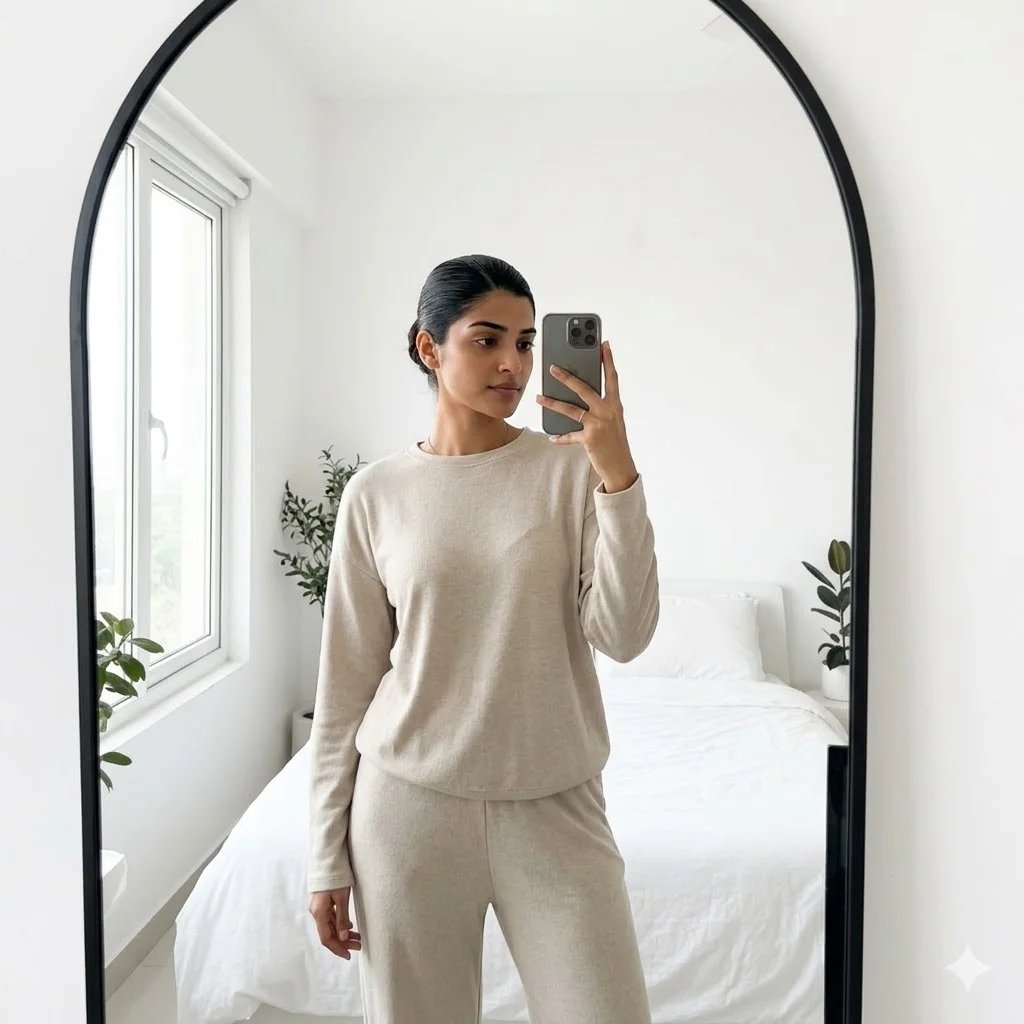 Trending mirror selfie prompt preview with white bedroom, arched mirror, neutral lounge set, and soft natural light