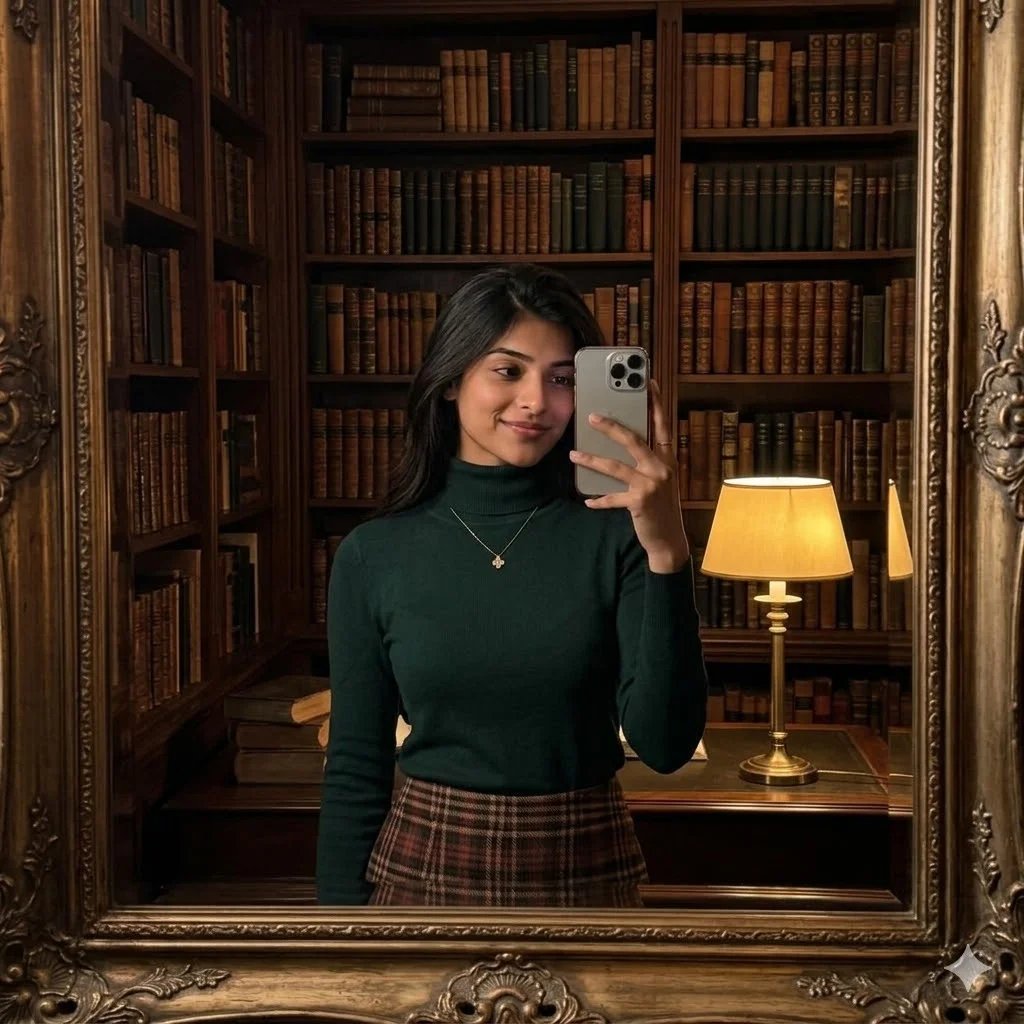 Trending mirror selfie prompt preview with ornate vintage mirror, dark wood library, old books, and warm lamp glow