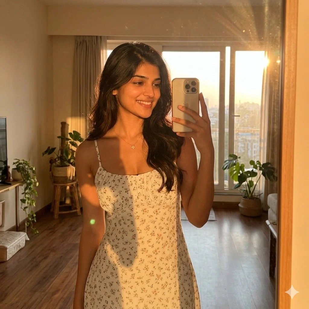 Trending mirror selfie prompt preview with cozy sunlit room, amber golden hour glow, sundress, and wavy hair