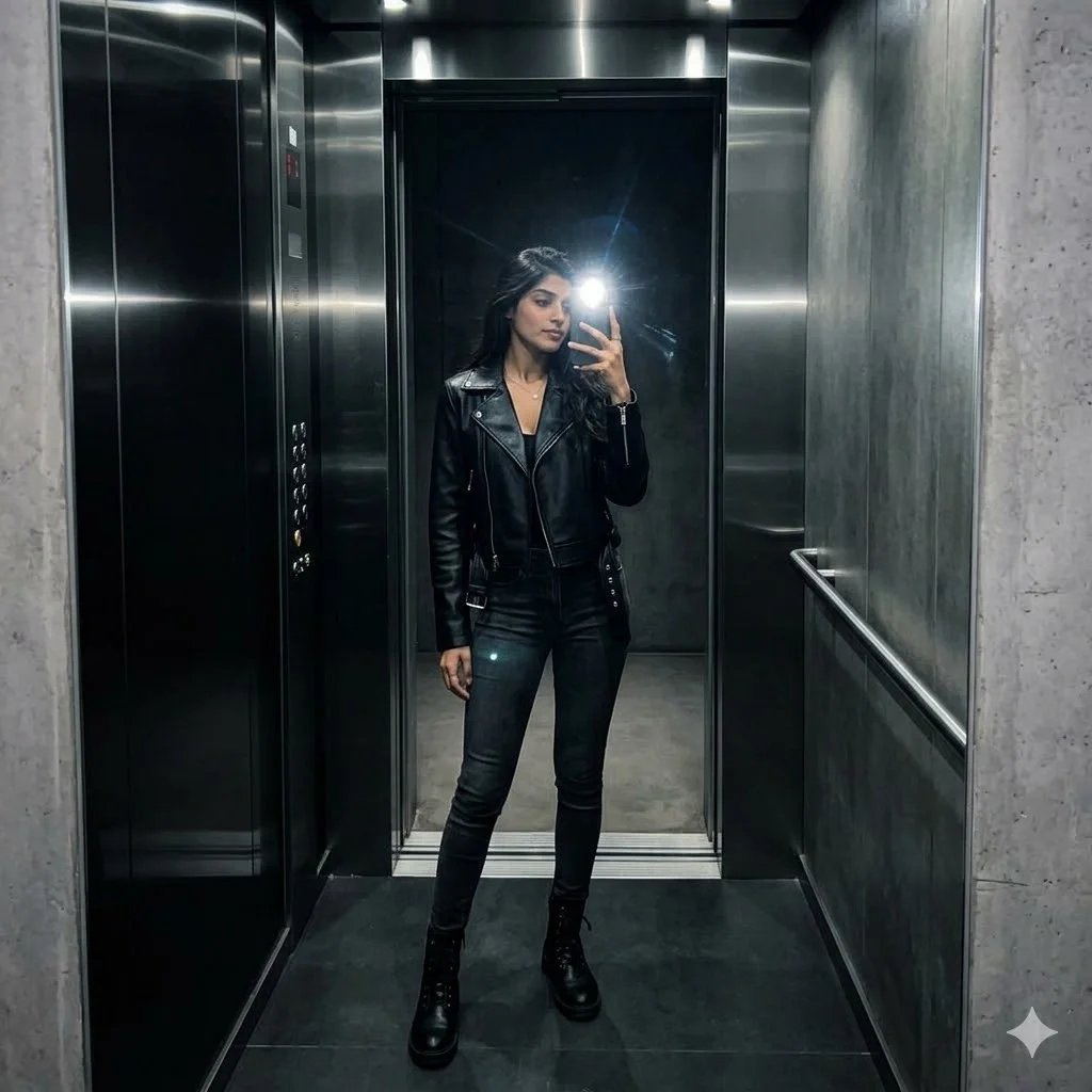 Trending mirror selfie prompt preview with modern elevator mirror, high-contrast flash, black leather jacket, and boots