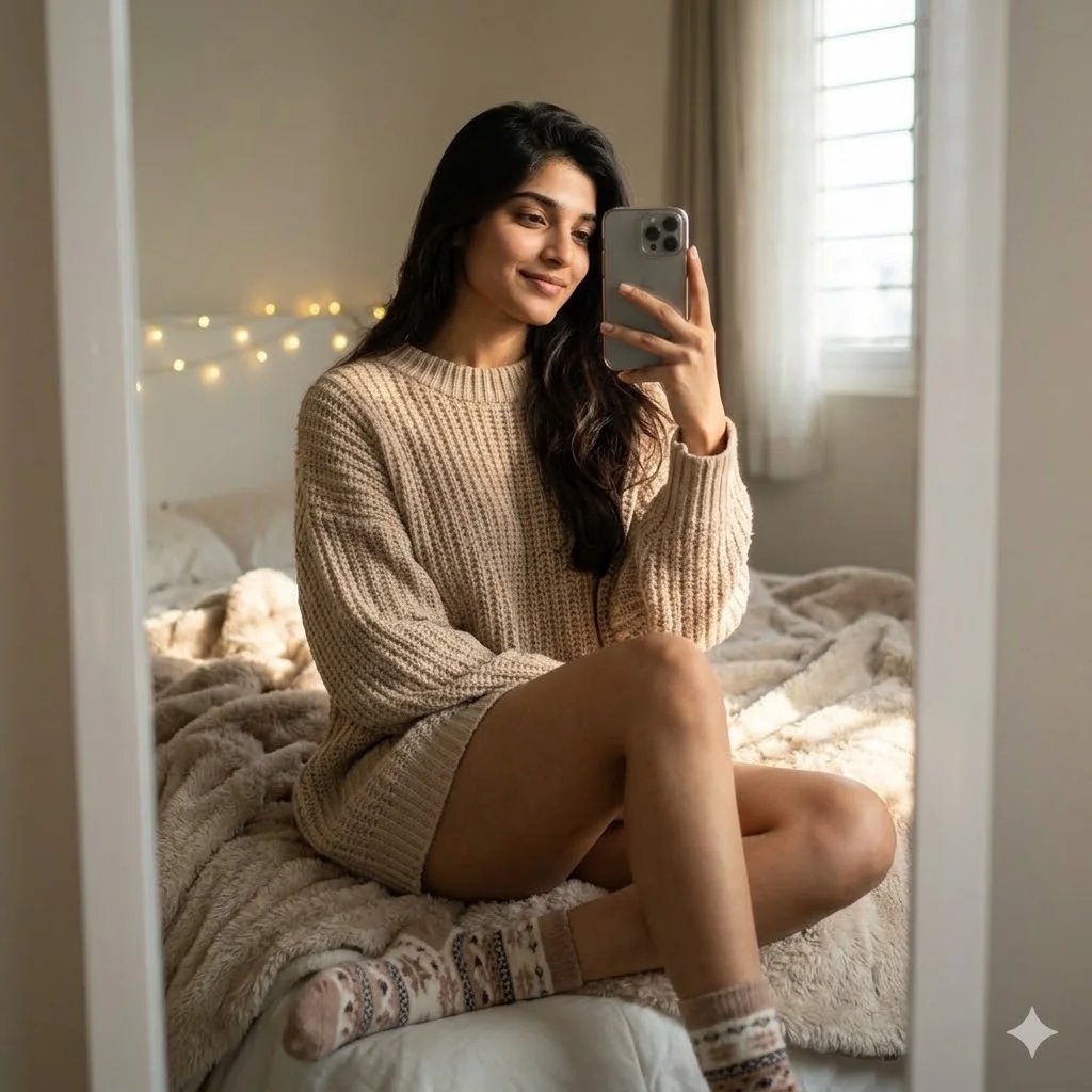 Trending mirror selfie prompt preview with bedroom mirror, fairy lights, chunky knit sweater, and soft morning sun
