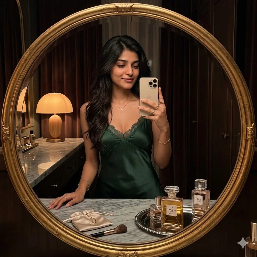 Trending mirror selfie prompt preview with gold vanity mirror, marble dressing room, perfume bottles, and silk slip dress