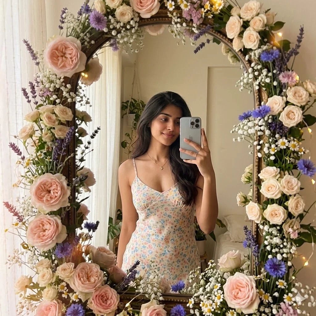 Trending mirror selfie prompt preview with wildflower mirror frame, roses, pastel floral dress, and hazy romantic light