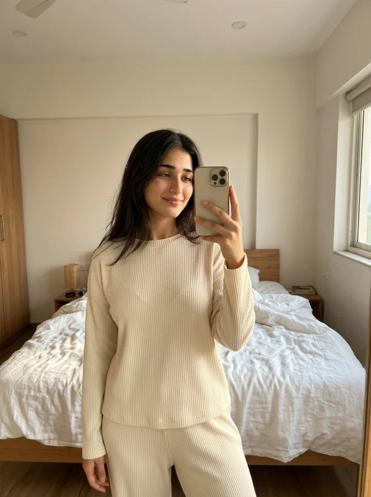 Gemini AI mirror selfie prompt preview with minimalist bedroom, cream lounge set, and soft morning light