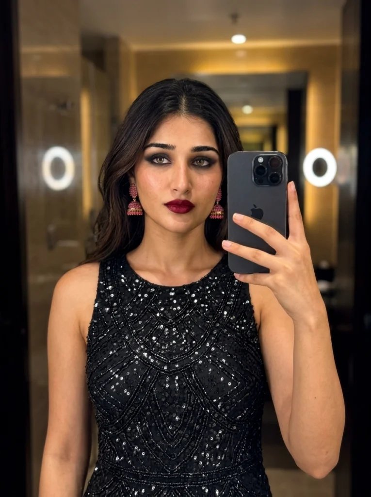 Gemini AI mirror selfie prompt preview with dim room, ring light reflection, sequined party dress, and glam makeup