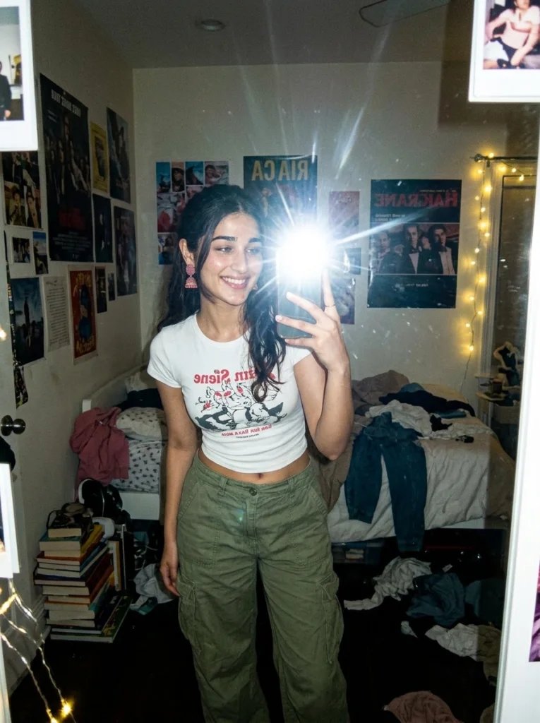 Gemini AI mirror selfie prompt preview with heavy camera flash, colorful bedroom, cargo pants, and baby tee
