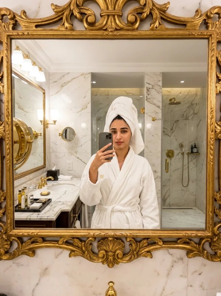 Gemini AI mirror selfie prompt preview with marble hotel bathroom, gold fixtures, vanity lights, and white bathrobe