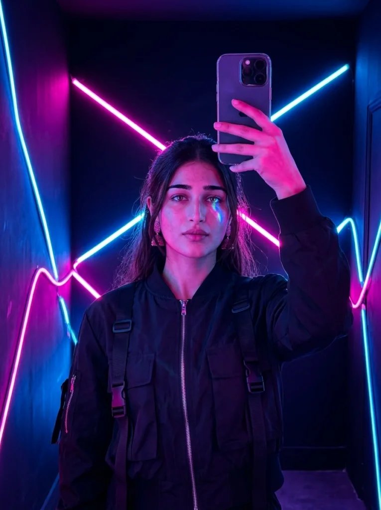 Gemini AI mirror selfie prompt preview with pink and blue neon room lighting, phone reflection, and black techwear jacket