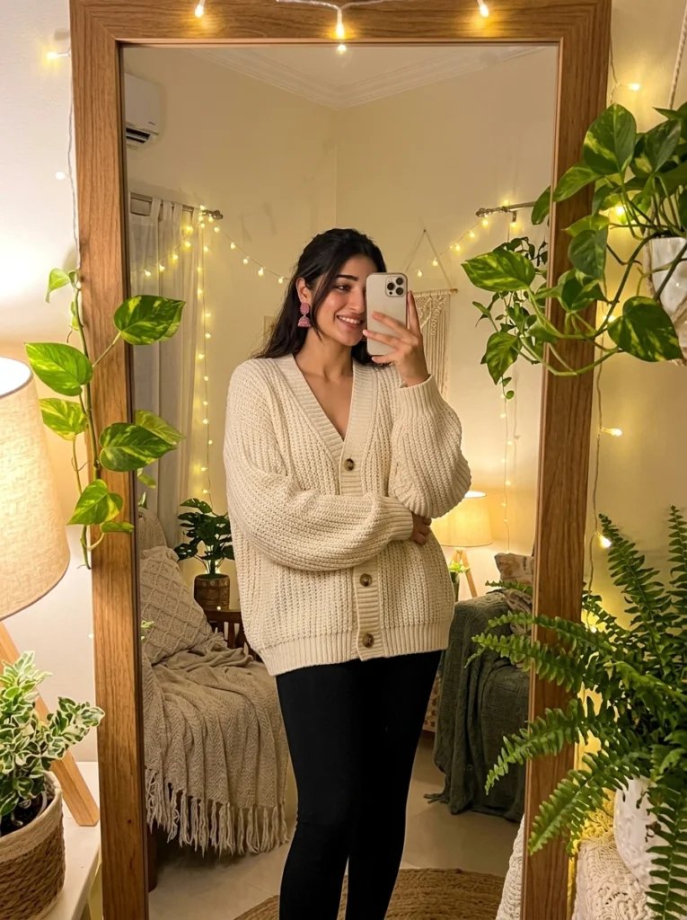Gemini AI mirror selfie prompt preview with fairy lights, indoor plants, chunky sweater, and warm room lighting